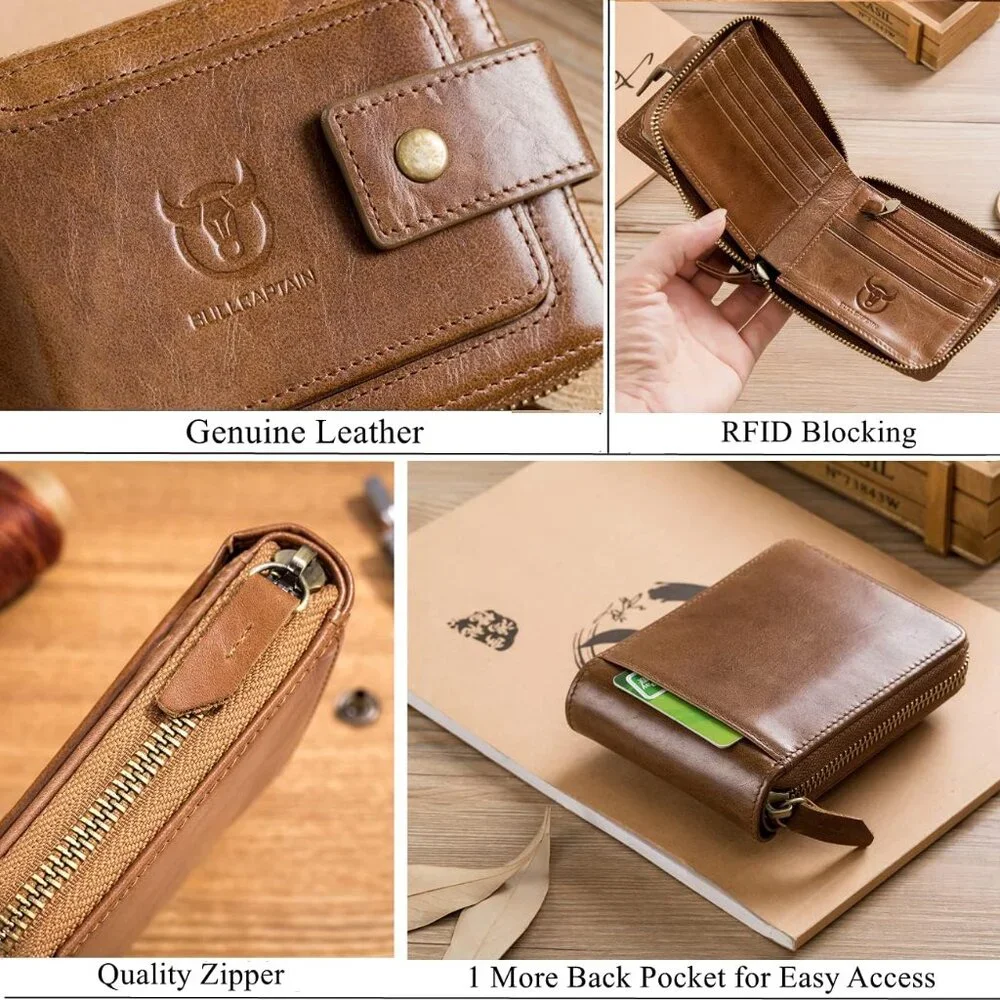 Genuine Leather Wallet for Men Large Capacity ID Window Card Case Brown